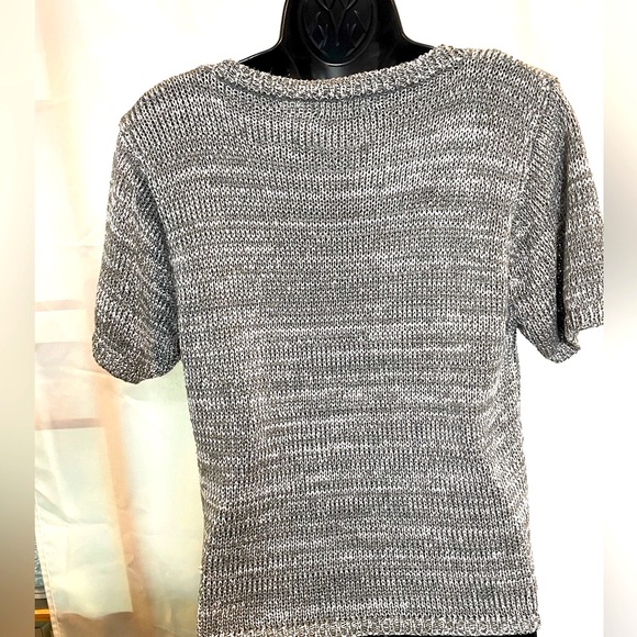 Metallic Silver Shimmer Open Knit Body Crop Short Sleeve Sweater Large - Picture 8 of 10